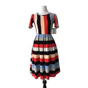 NWT Lularoe Amelia Dress XS – Striped Fit & Flare w/ Pockets & Back Zip Dopamine